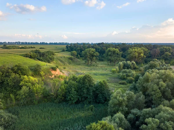 Панорамний Вид Дрона Природного Ландшафту Зеленню Лісом Полем Яром Тлі — стокове фото