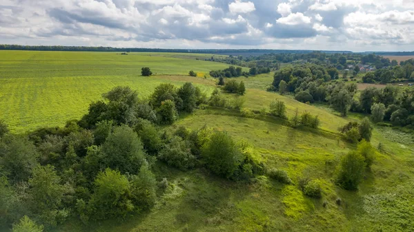 Vista Panorâmica Drone Paisagem Com Vegetação Florestas Campos Agrícolas Fundo — Fotografia de Stock