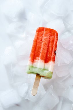 Doğal vanilya karpuz smoothies buz küpleri şişte donmuş. Buz lolly. Üstten görünüm