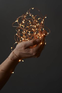 Noel ışıkları. Çelenk ışıkları ile siyah bir arka plan üzerinde tutan eller