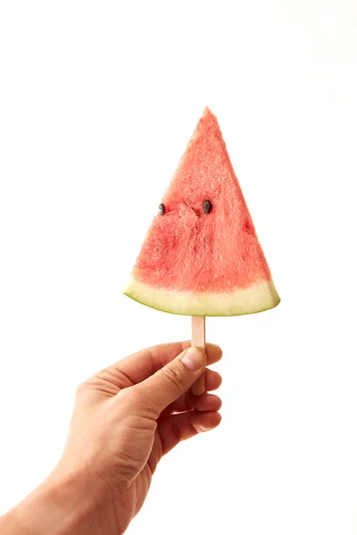 Man Hand Holds Juicy Piece Watermelon Lolly White Background Space — Stock Photo, Image