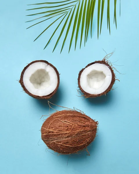 Половинки Целые Тропические Орехи Пальмовым Листом Виде Лица Синем Фоне — стоковое фото