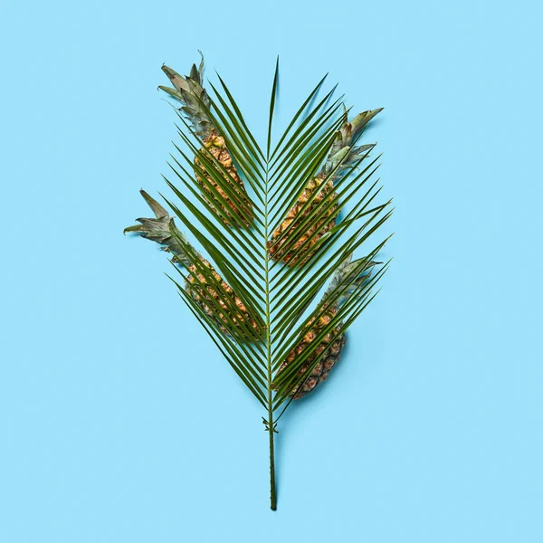Composición Creativa Verano Una Hoja Palma Tropical Mitad Piña Orgánica —  Fotos de Stock