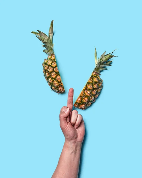 Sign Woman Hand Fucking Half Pineapple Blue Background Space Text — Zdjęcie stockowe