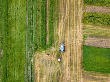 Panoramic view of plowing the ground after harvesting on the field in the summer time. Aerial top view from the drone of the field after harvest clipart