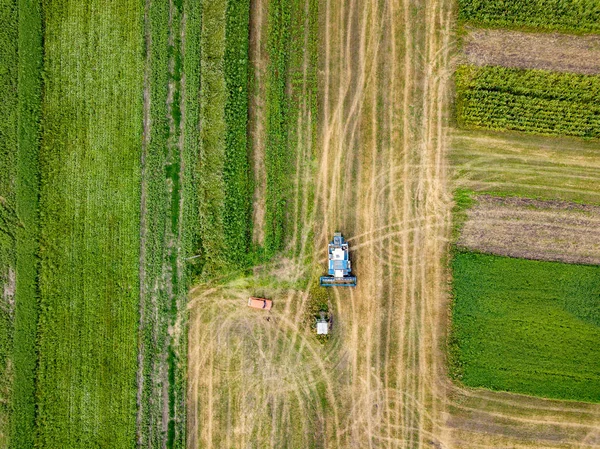 夏の時間でフィールドに収穫後 地面を耕しのパノラマ風景 収穫後フィールドのドローンから空中のトップ ビュー — ストック写真