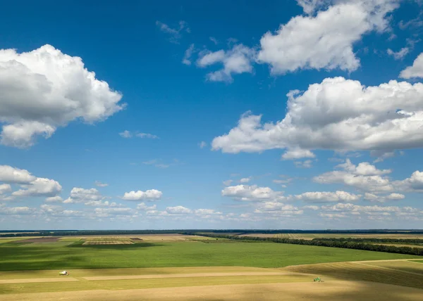 Mavi gökyüzü ve beyaz bulutlar, tarım alanları, çayırlar, yeşil ağaçlar ile pitoresk kırsal peyzaj. Bir yaz günü dron panoramik görünümü.