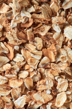 Arka plan, kopya alanı olarak çiğ yulaf ezmesi. Yulaf Mısır gevreği yemek, malzemeler için sağlıklı beslenme diyet için. Üstten görünüm.