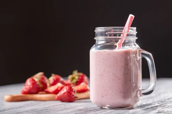 Organic Milky Strawberry Smoothie Glass Straw Gray Wooden Table Dark — Stock Photo, Image