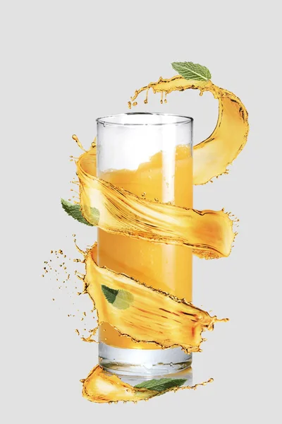 Glass Orange Juice Yellow Splashes Green Leaves Mint Gray Background — Stock Photo, Image