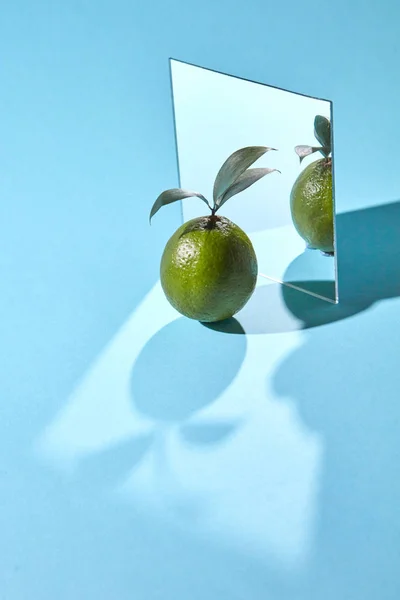 Composizione Uno Specchio Calce Con Foglie Uno Sfondo Azzurro Con — Foto Stock