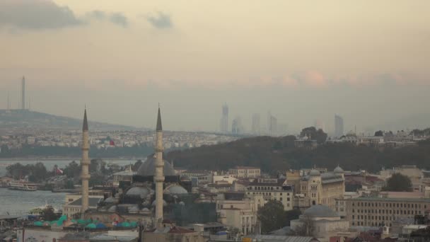 トルコ夕焼け空を飛んでいるカモメをイスタンブールの美しい町並みのパノラマ風景 ビデオ — ストック動画