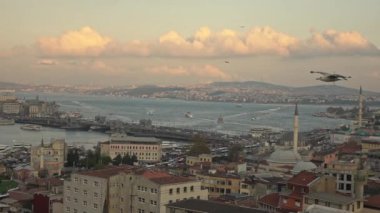 panoramik Istanbul güzel cityscape günbatımı gökyüzü, Türkiye'de uçan martı ile. Video
