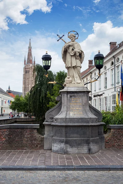 Statue Johannes Nepomucenus Church Tower Bruges Belgium — Stock Photo, Image