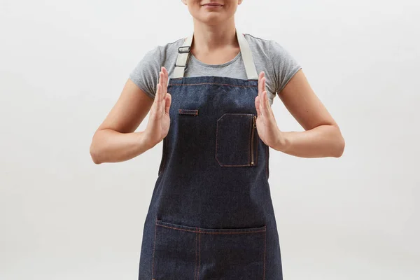 Hausfrau Köchin Oder Bäckerin Jeansschürze Auf Weißem Hintergrund Frau Mit — Stockfoto