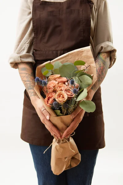 Belles Fleurs Corail Vivant Roses Eryngium Comme Bouquet Félicitations Dans — Photo