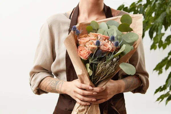 Les Mains Fleuriste Fille Tiennent Bouquet Naturel Frais Fleurs Parfumées — Photo