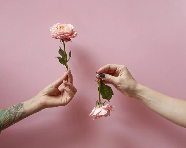 Egy Lány Kéz Tetoválás Tart Virág Fel Egy Kezében Van — Stock Fotó