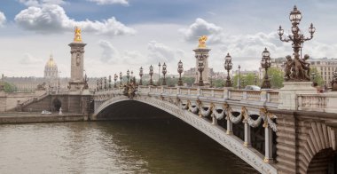 Paris, Fransa - Pont Alexandre Iii Köprüsü ile Panorama ve anıtlar ve nehir, bulutlu gün bakan