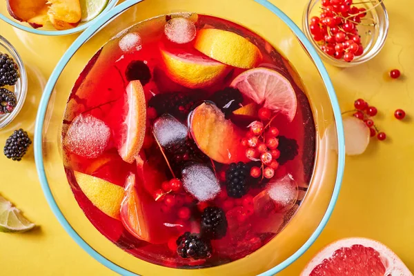 Drink Different Berries Fruits Ice Cubes Glass Jug Presented Yellow — Stock Photo, Image