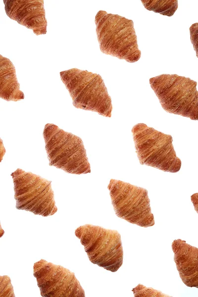 Padrão Comida Com Croissants Deliciosos Caseiros Recém Assados Fundo Branco — Fotografia de Stock