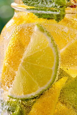 Köpüklü taze soğutma ev yapımı coktail limon dilimleri ile, limon ve nane yaprağı bir cam karbonatlı. Yaz içkisi arka plana yakın.