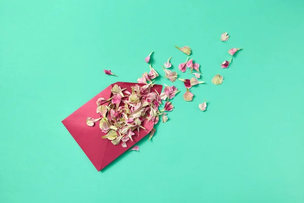 明るいターコイズ色の背景とテキストの場所に花びらの紫色の封筒と花のグリーティングカード フラットレイ — ストック写真