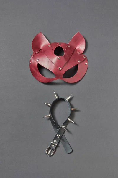 Set Pour Jeux Érotiques Masque Chat Cuir Collier Noir Avec — Photo