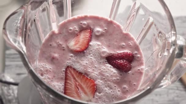 Fresh Strawberry Yogurt Glass Blender — Stock Video