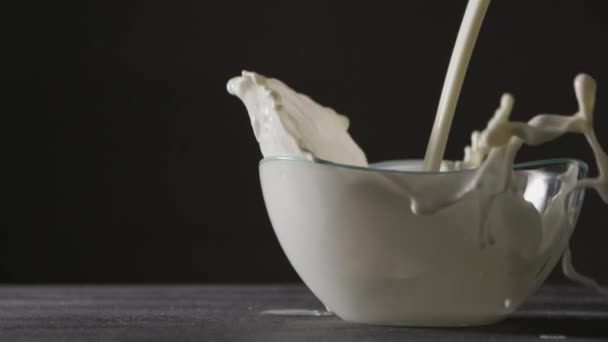 Mleko Wlewane Szklanej Miski Ciemne Tło Zwolnione Tempo — Wideo stockowe