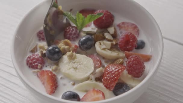 Blanding Bær Nødder Havregryn Granola Ingredienser Til Ernæring Sund Vegetarisk – Stock-video