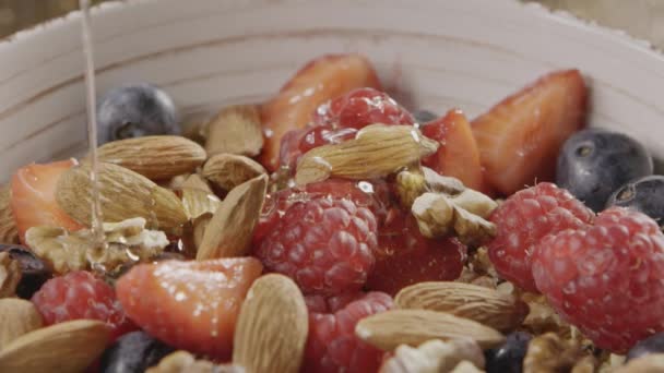 Mix Berries Nuts Oatmeal Granola Ingredients Dietary Nutrition Healthy Vegetarian — Stock Video