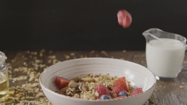 Campuran Buah Beri Kacang Kacangan Oatmeal Dan Granola Bahan Bahan — Stok Video