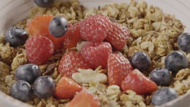 Mix Van Bessen Noten Havermout Granola Ingrediënten Voor Voeding Gezond — Stockvideo