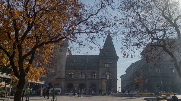 位于匈牙利布达佩斯蓝天的大市场大厅旧楼前的秋天广场 — 图库照片