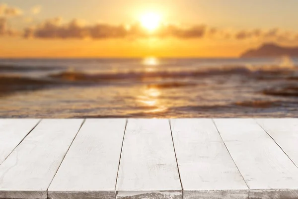 Empty Perspective White Wooden Boards Countertop Blurred Seascape Sunset Background — Stock Photo, Image