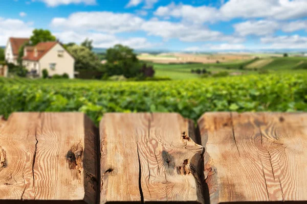 Perspectiva Vacía Tableros Madera Sin Tratar Encimera Contra Paisaje Borroso —  Fotos de Stock