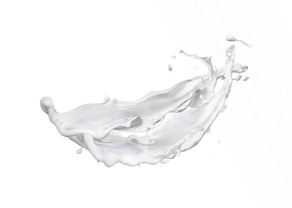 Abstract flying organic natural milk splash with droplets against white background, copy space. Healthy dairy products concept.