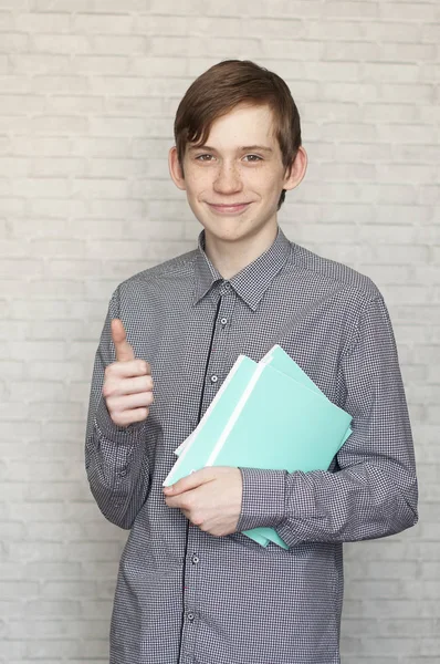 Charming Young Russian Guy Notebooks Hands Costs Smiles — Stock Photo, Image