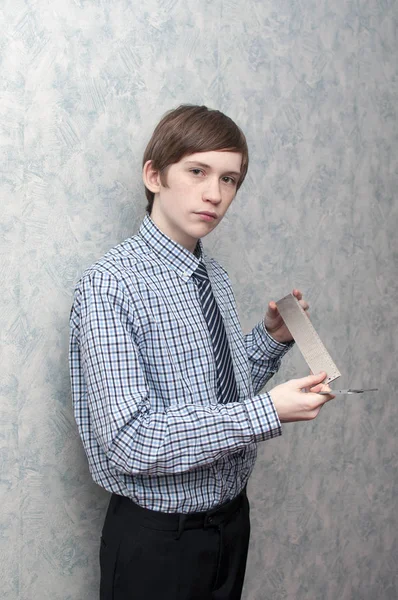 Young Russian Guy Holds Caliper Metal Ruler Hand — Stock Photo, Image