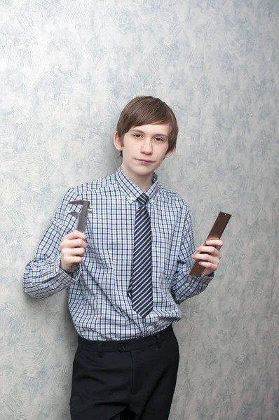 Young Russian Guy Holds Caliper Metal Ruler Hand — Stock Photo, Image