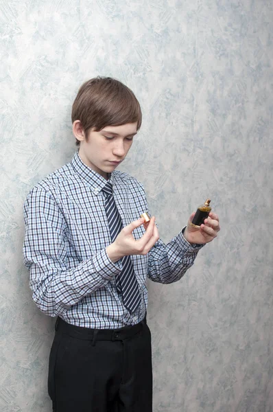 Young Russian Guy Holds Bottle Men Perfumery Water Hand — Stock Photo, Image