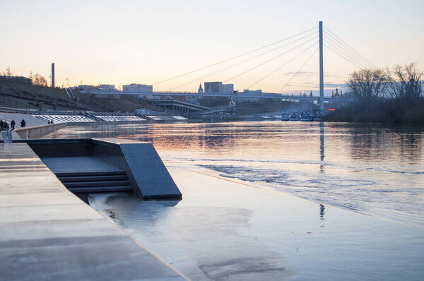 Tyumen, Russia, on April 19, 2019: A spring high water on the em
