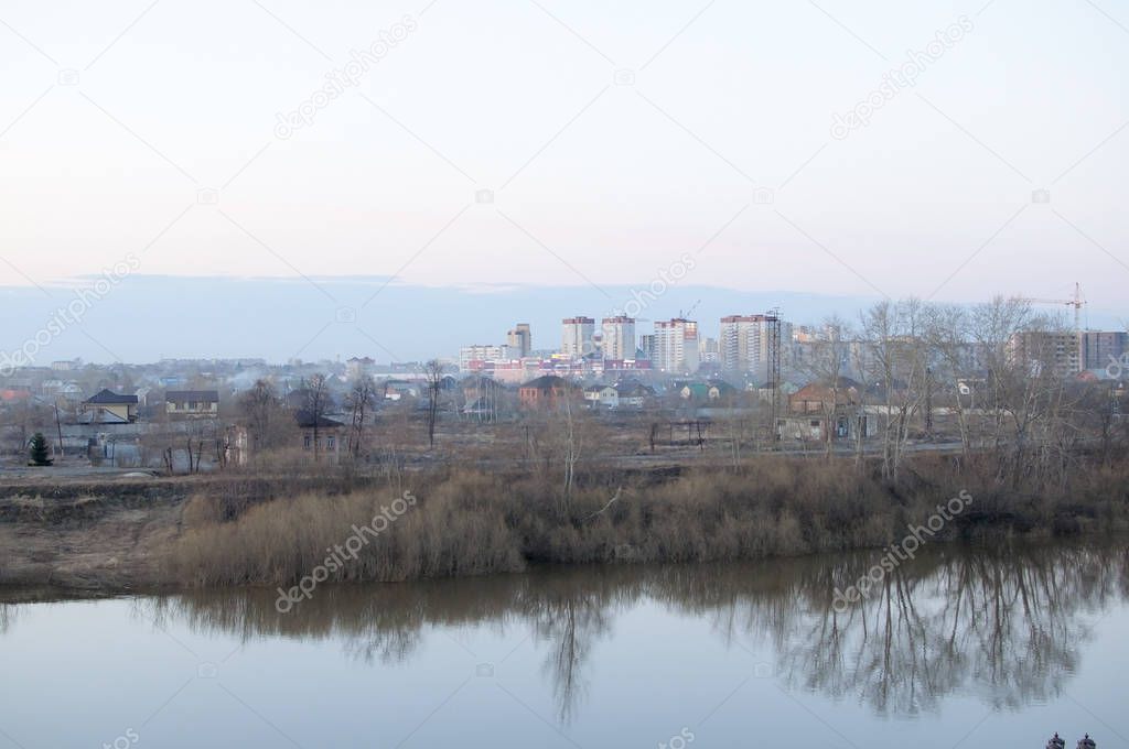 Tyumen, Russia, on April 19, 2019: Low building of a part over t