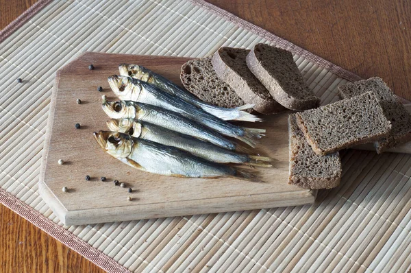 Still Life Fish Bread Wooden Cutting Board — Stock Photo, Image