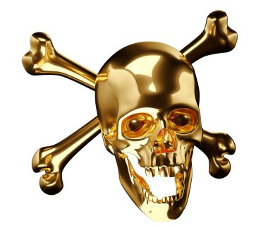 Çapraz kemikler veya beyaz 3d izole totenkopf altın kafatası render 3d çizim