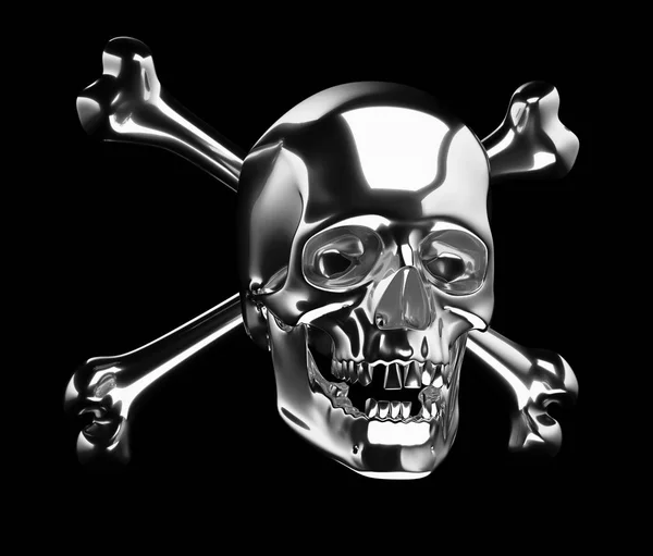 Silver Skalle Med Cross Bones Eller Totenkopf Isolerad Svart Render — Stockfoto