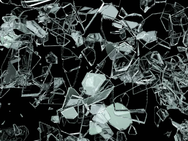Pieces of broken or cracked glass on black, 3d illustration; 3d rendering