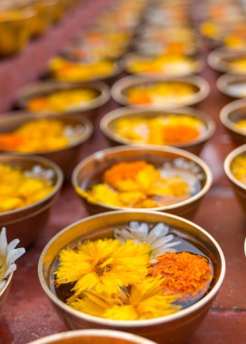 Budist çiçekleri ya da hediyeleri kâse ve sıra sıra sunarlar. Tapınakta sunulan Budizm dini