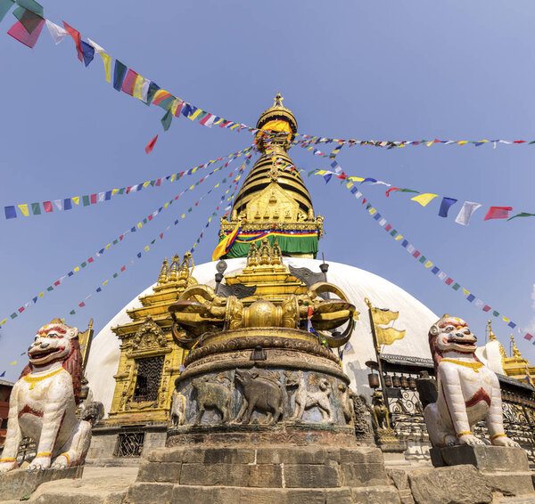 Buddhist stupa and vajra in Swayambunath temple in Kathmandu, Buddhism religion in Nepal